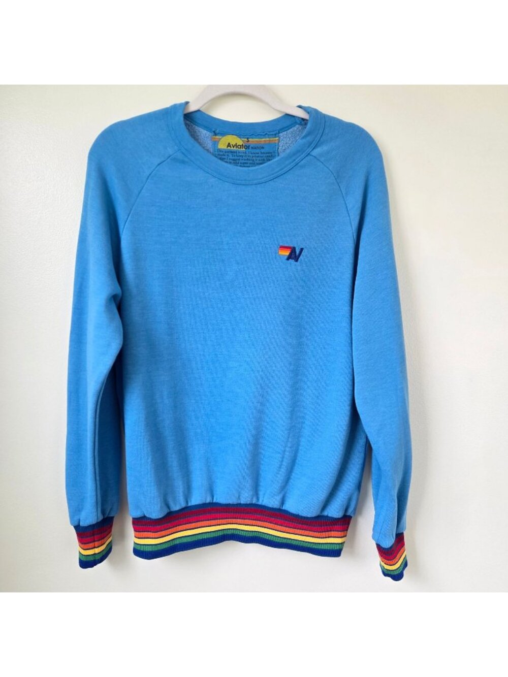 Aviator Nation Blue Crewneck Sweatshirt with Rainbow Cuffs Size Small